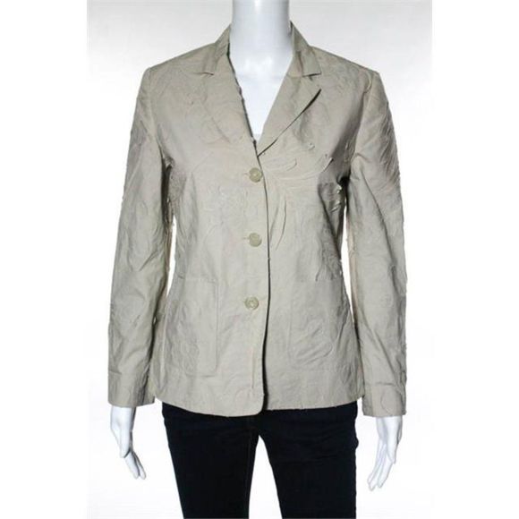 Cacharel Beige Tan VNeck Cotton Floral Accent Button Down Blazer - Picture 2 of 7